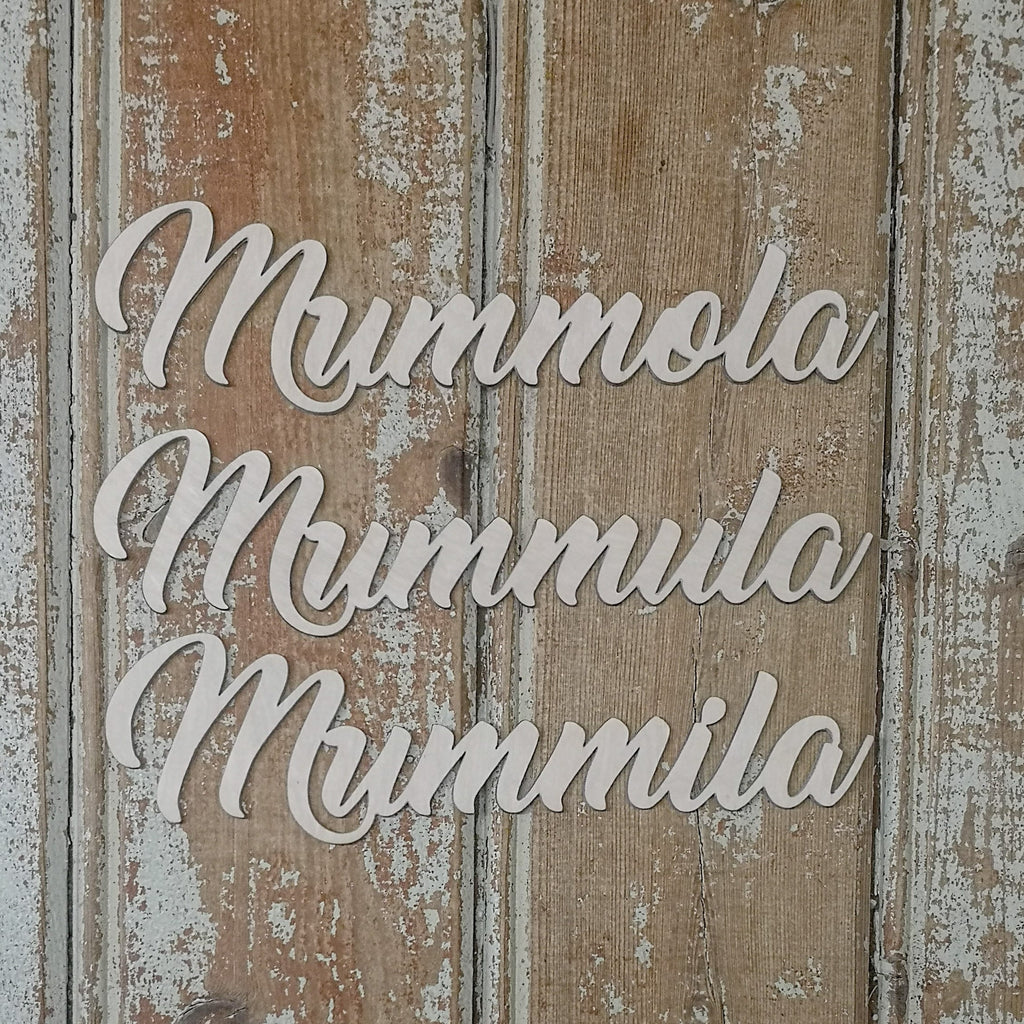Koivuvanerista valmistettu tekstikyltti mummolan, mummulan tai mummilan oveen tai askartelukranssiin kiinnitettäväksi. 