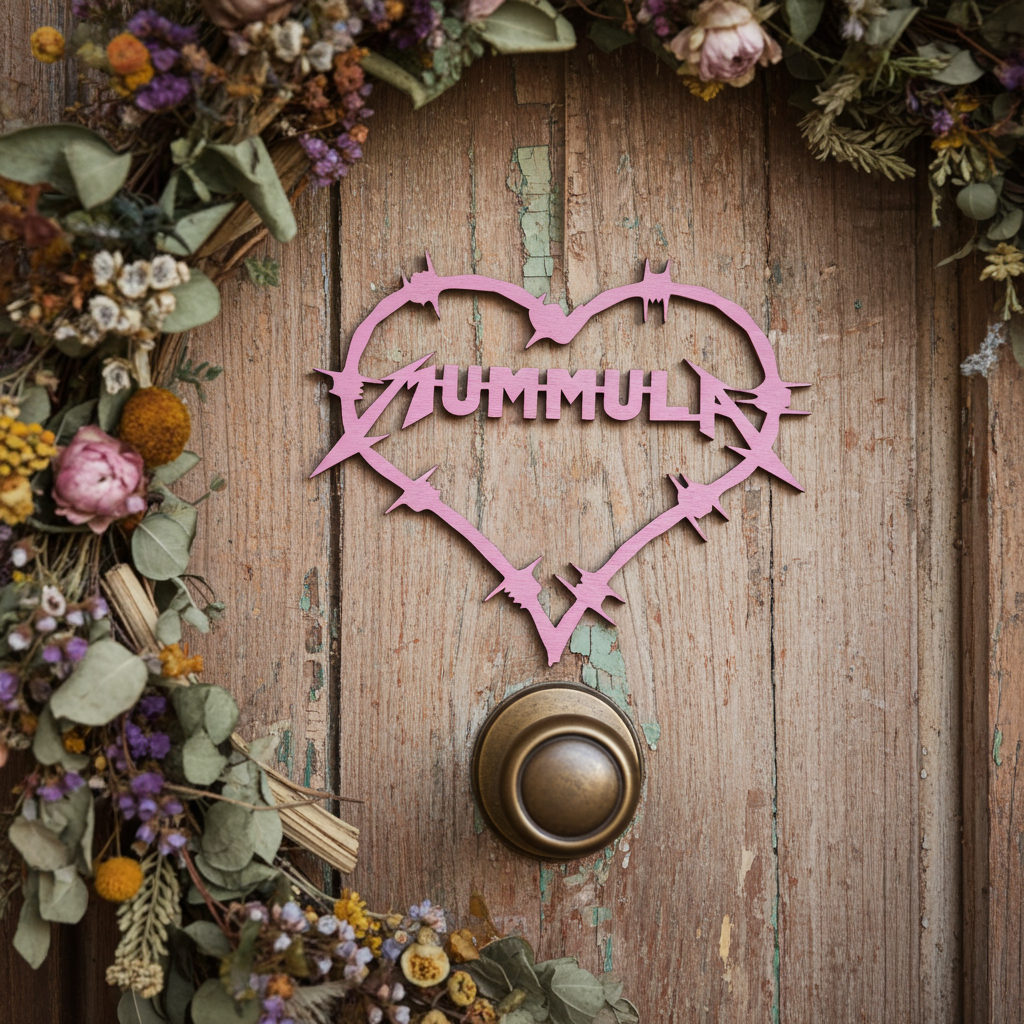 Koivuvanerista valmistettu maalattu mummula-kyltti ovessa.