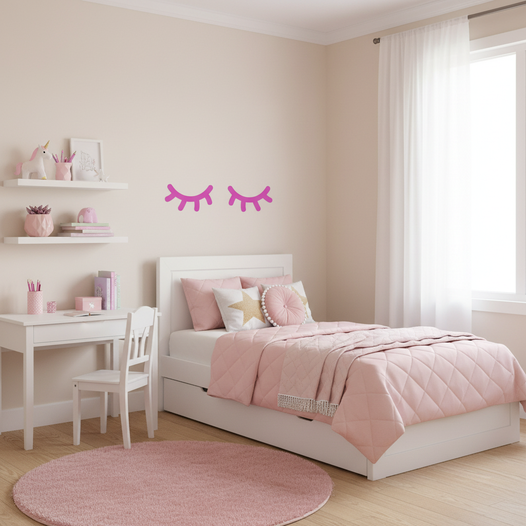 Vaaleanpunaiset silmäripset tytön huoneessa sängyn yläpuolella