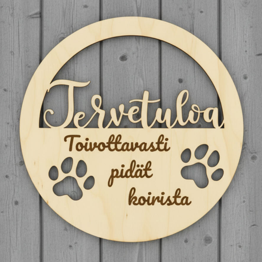Tervetuloa koirakotiin kyltti harmaalla laudalla