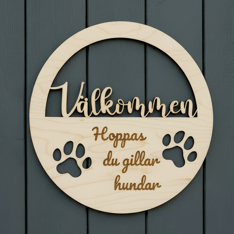 Välkommen hundar skylt för dörren