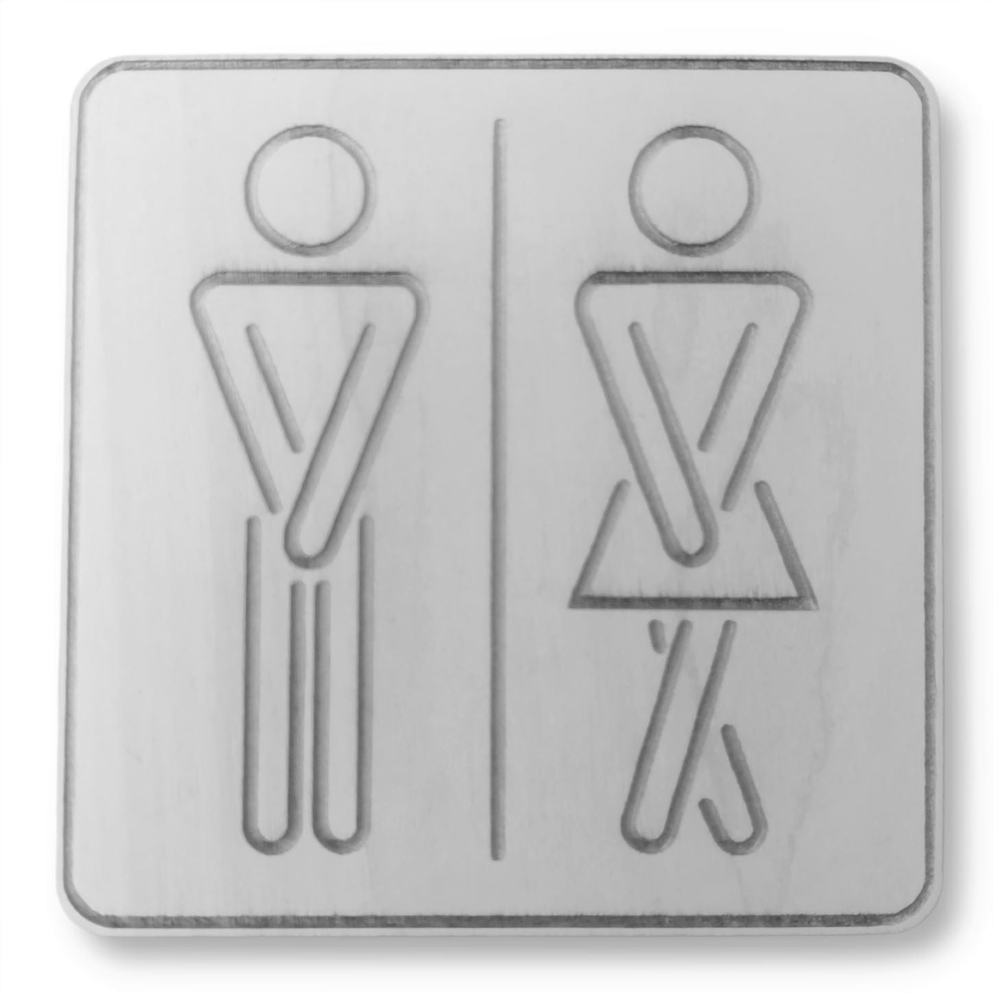 Mustavalkoinen kuva WC-kyltistä mies ja nais hahmoilla.