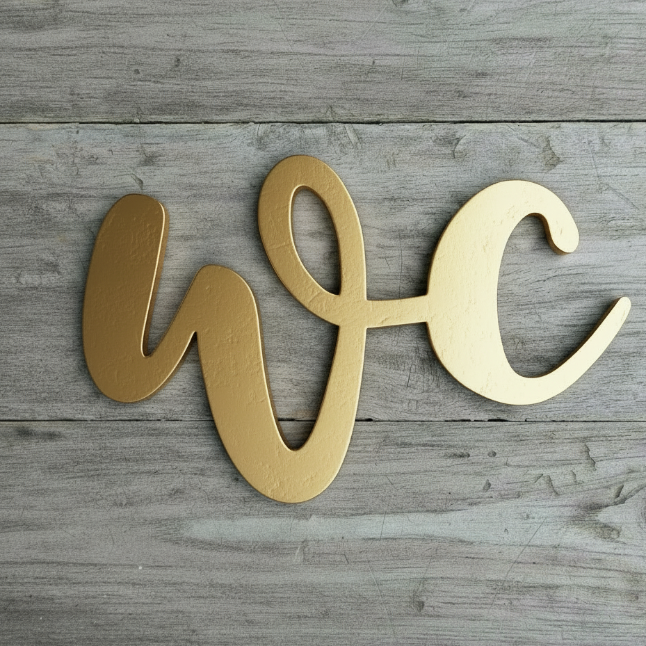 Koivuvanerista valmistettu WC -kyltti, joka on maalattu kultaisella värillä